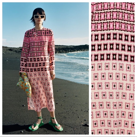 NWT. Zara Pink Geometric Printed Midi Dress. Size XS. - Picture 3 of 10
